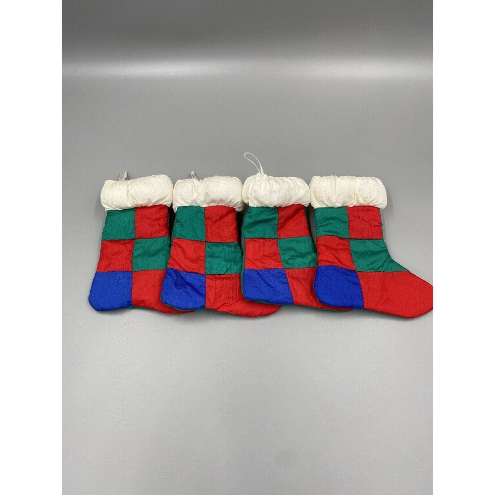 Lot of 4 Vinyl Parachute Material Like Vintage Coloblock Christmas Stocking 7.5”